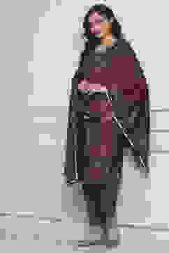 Plum Velvet Printed Straight Winter Suit Set image number 0