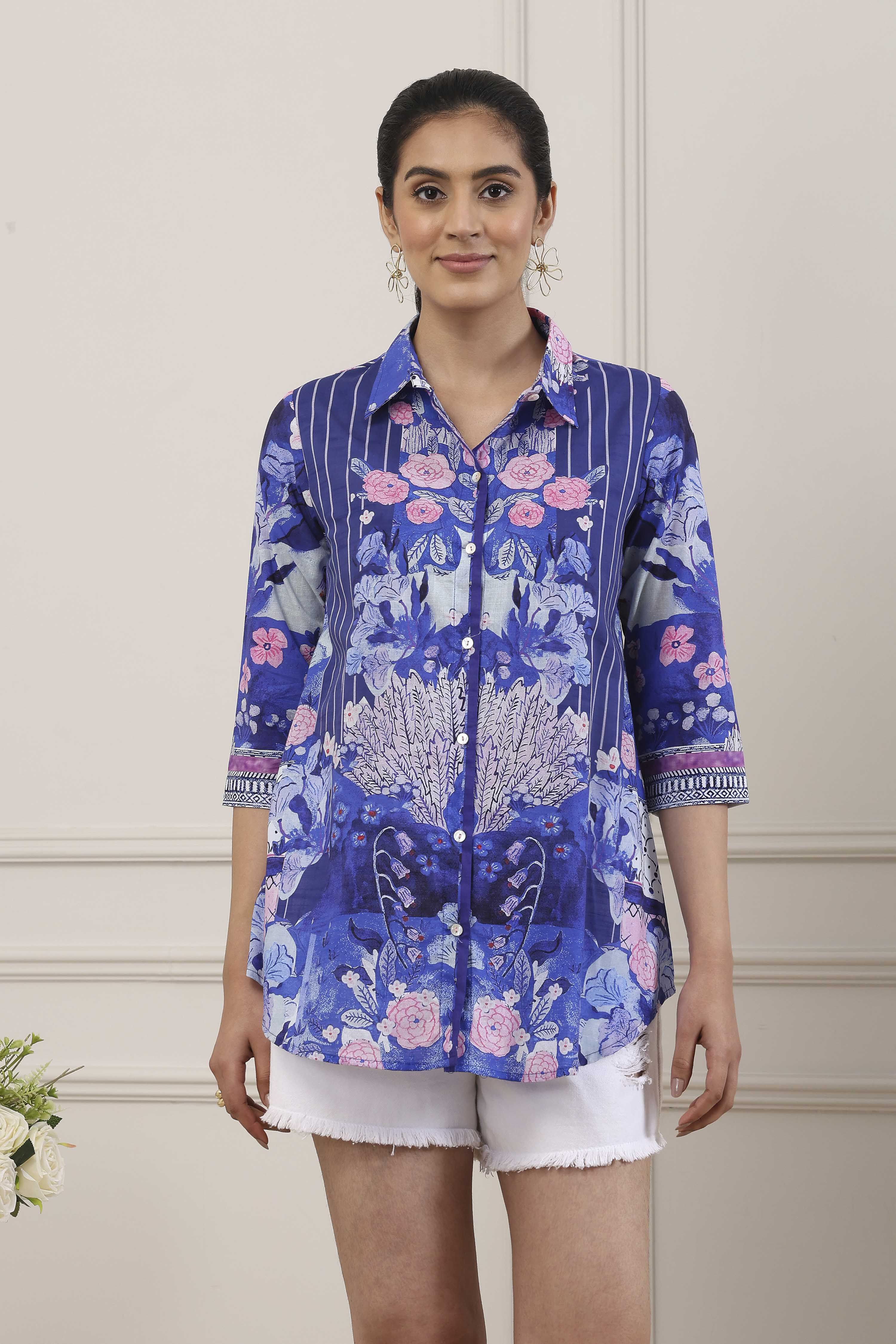 Blue Cotton Floral Printed Shirt image number 5
