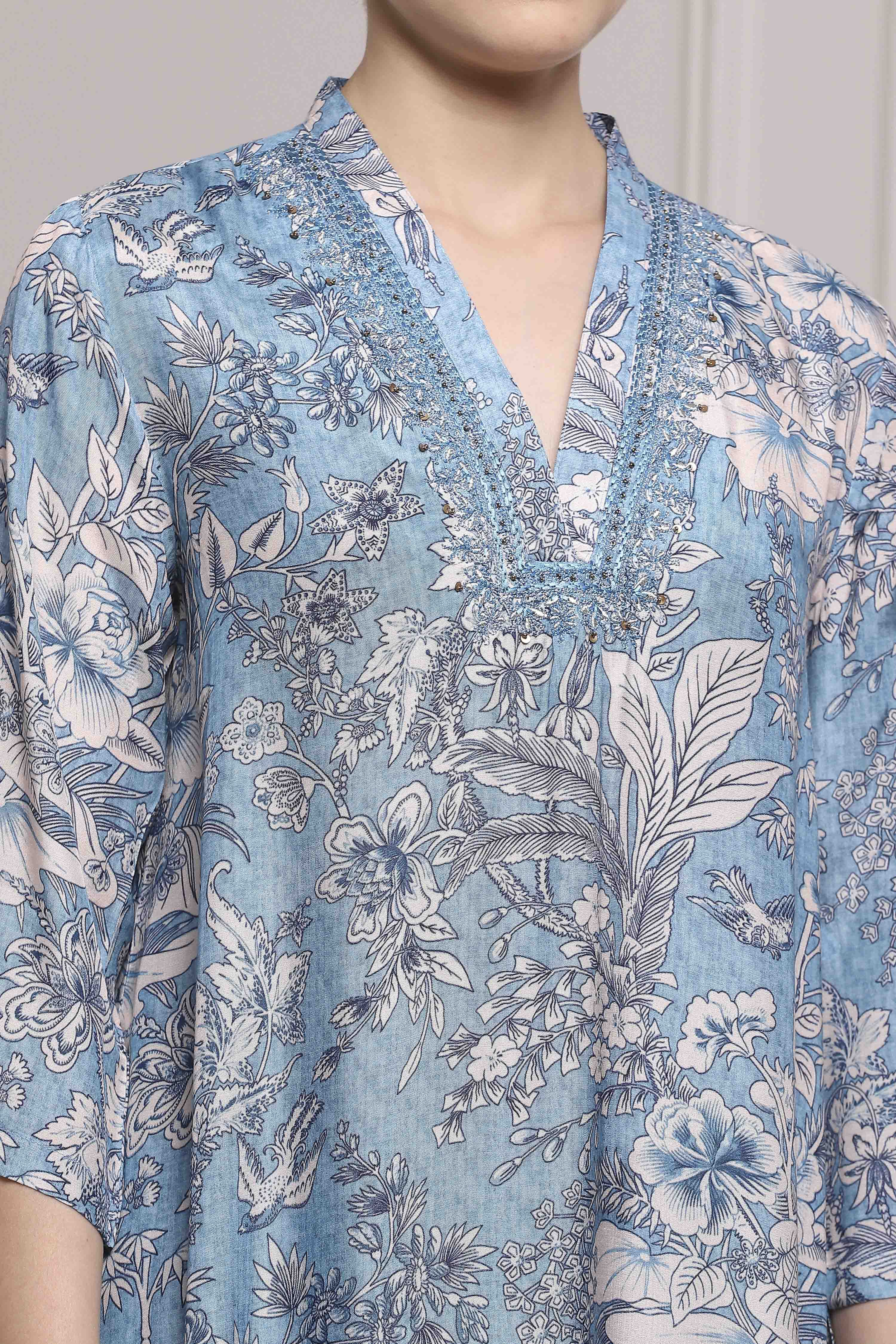 Blue Floral Printed Asymmetric Suit Set image number 1