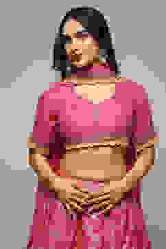 Fuchsia Silk Brocade Straight Embroidered Kurta Lehenga Set image number 1