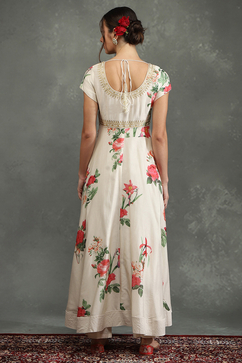 Rohit Bal Cream-Colored Silk Chanderi Floral Printed Anarkali Suit Set image number 4