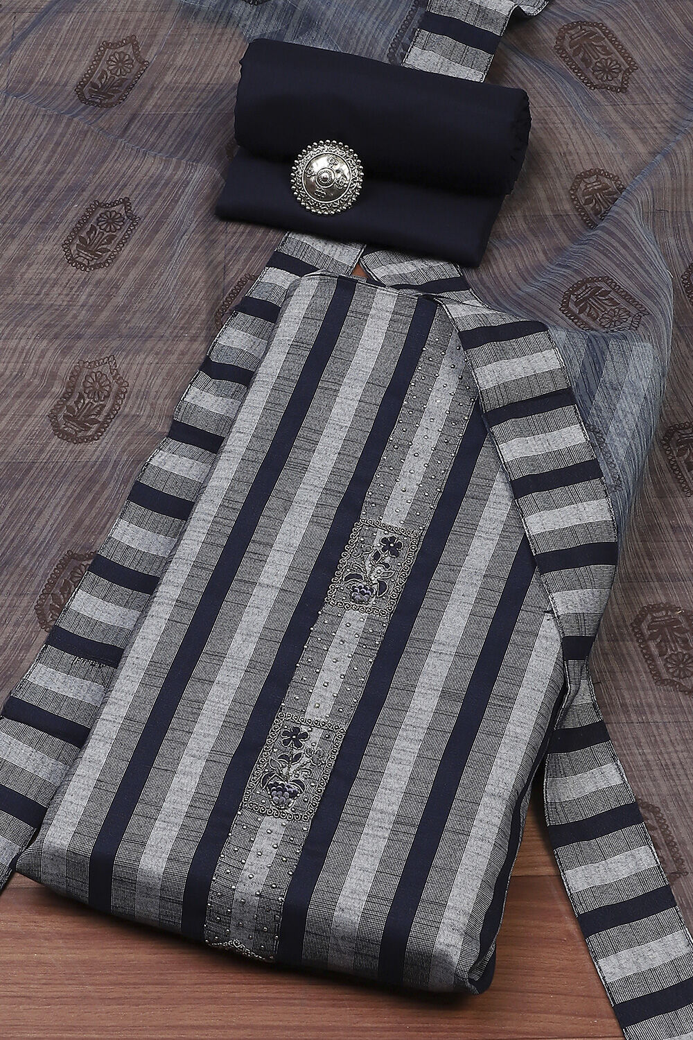 Blue Cotton Unstitched Suit Set image number 0