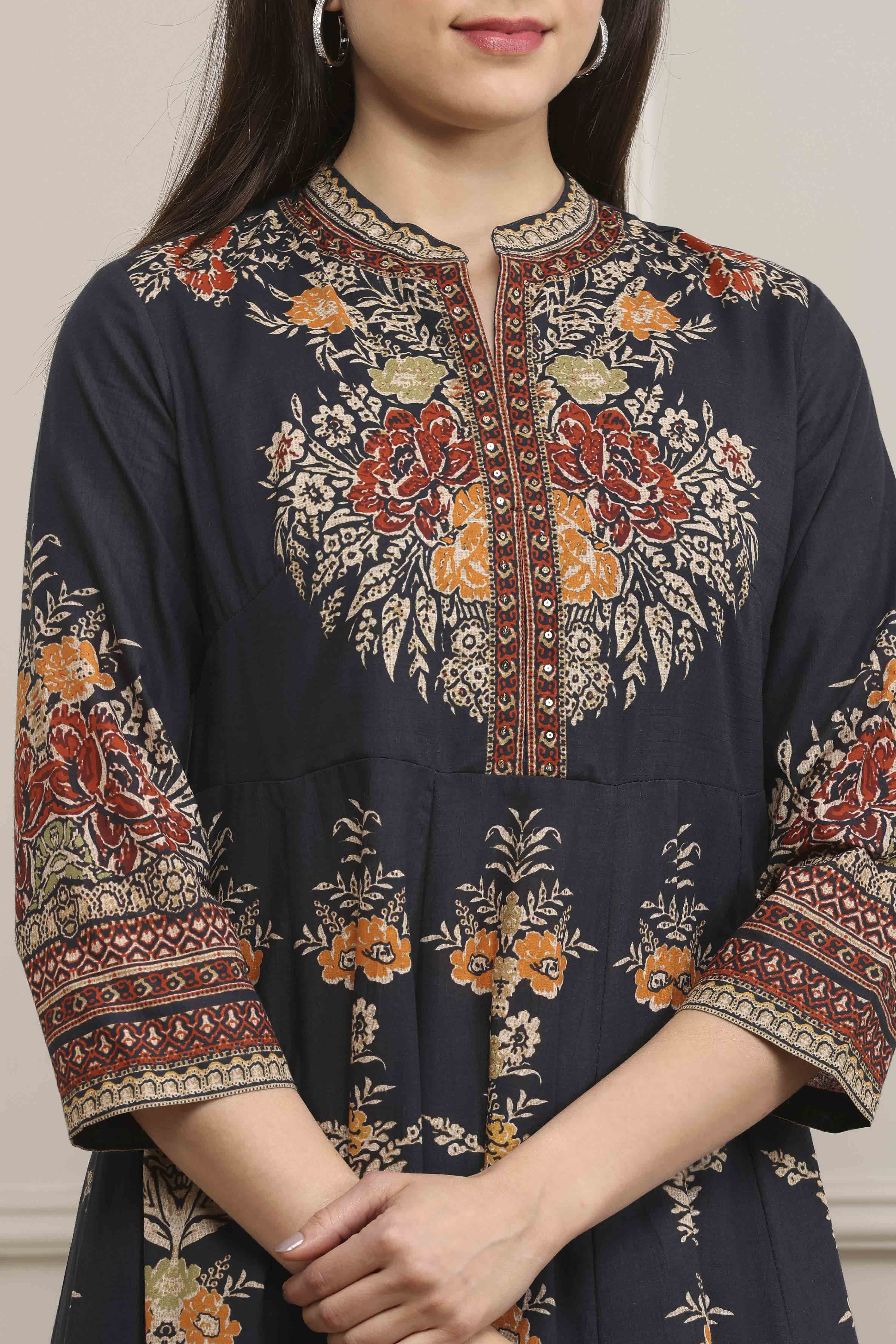 Charcoal Cotton Kalidar Printed Kurta Pants Set image number 1