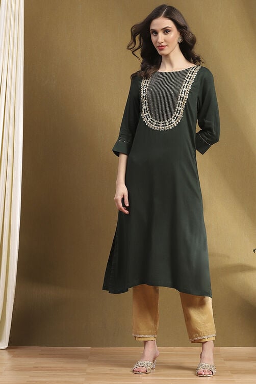 Green Solid Straight Kurta image number 0