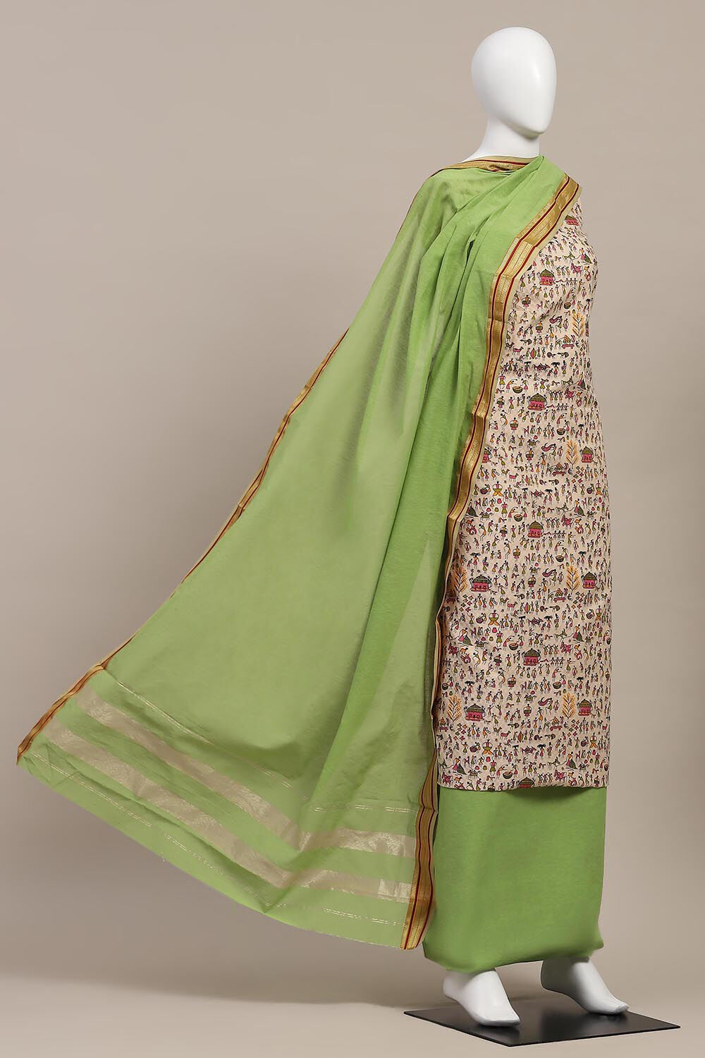 Beige and Pink Handloom Cotton Unstitched Suit Set image number 4