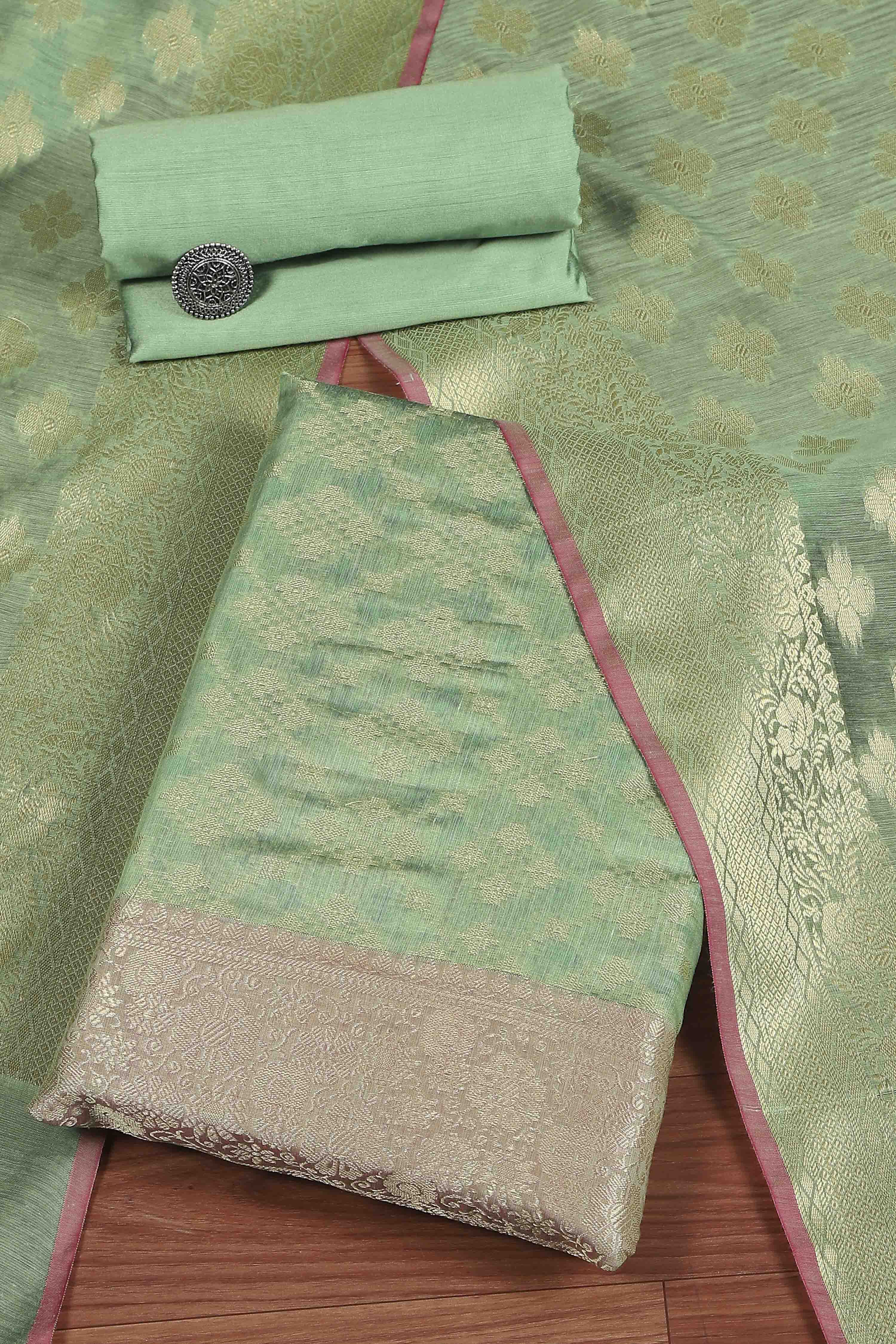 Green Cotton Printed Embroidered Unstitched Suit Set image number 0