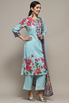 Turquoise Rayon Straight Suit Set image number 7