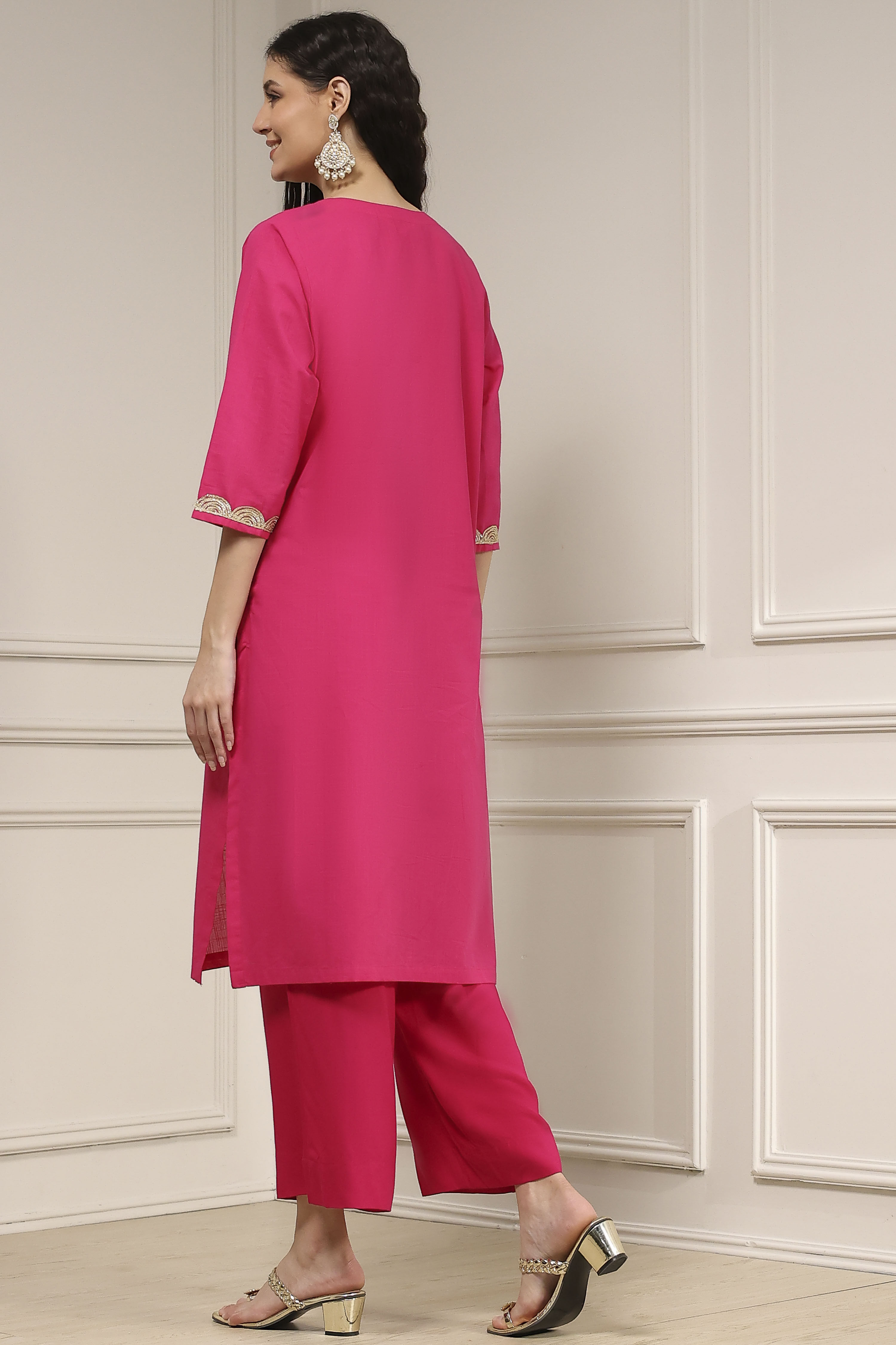 Fuchsia Cotton Solid Straight Kurta image number 4