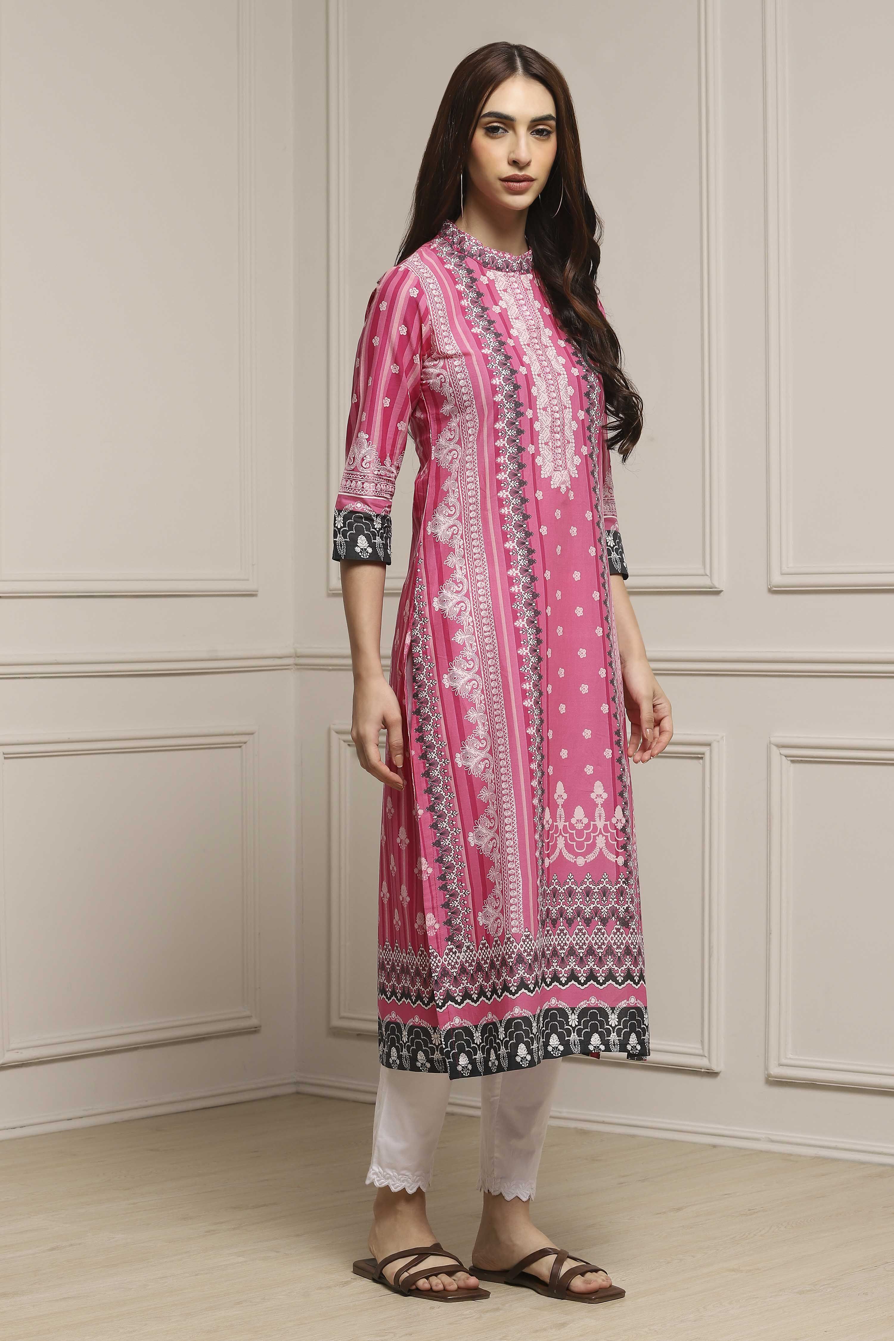 Ochre Cotton Straight Printed Kurta image number 2