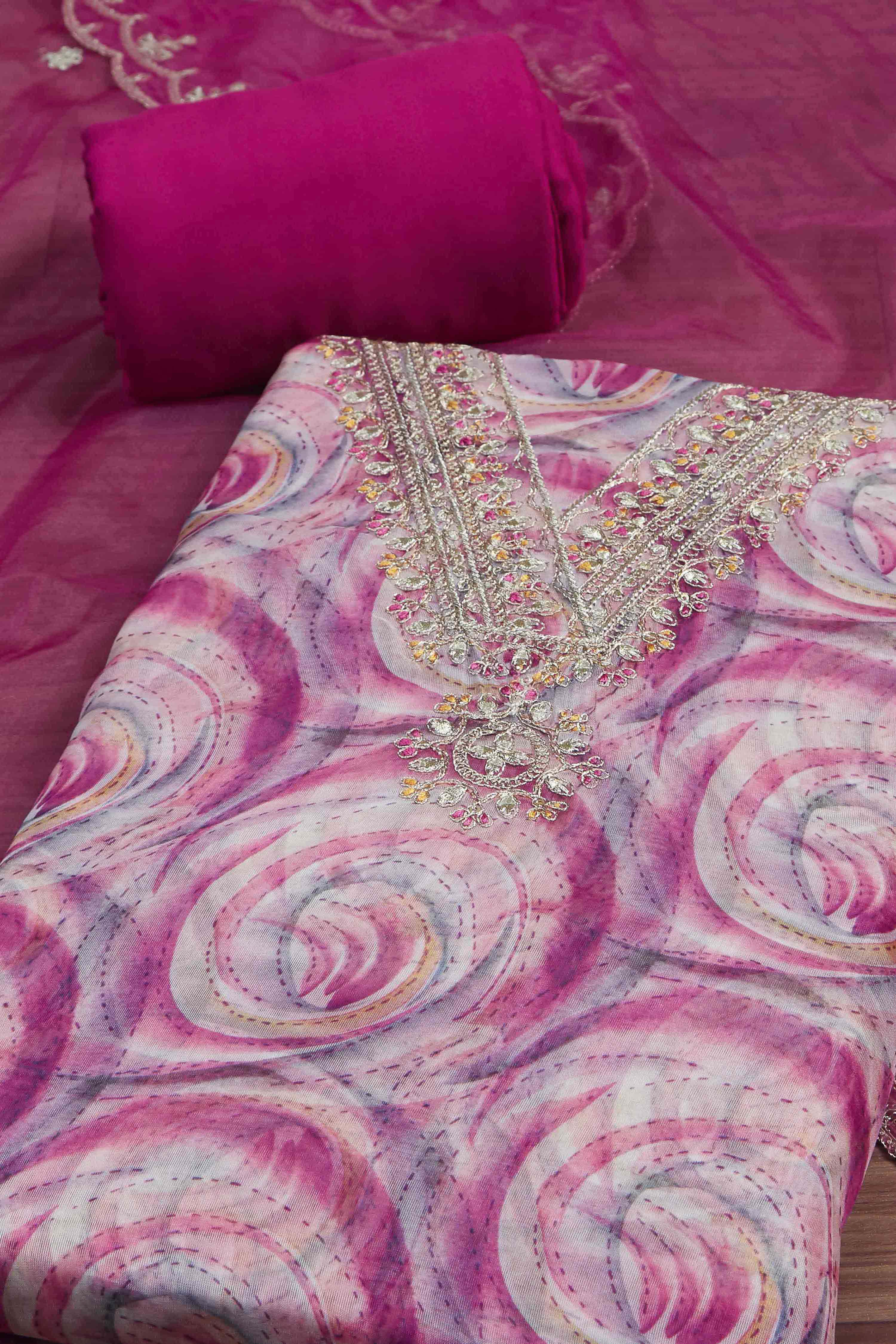 Pink Organza Rajasthani Print Unstitched Suit Set image number 1