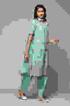 Turquoise Silk Straight Kurta Salwar Suit Set image number 6