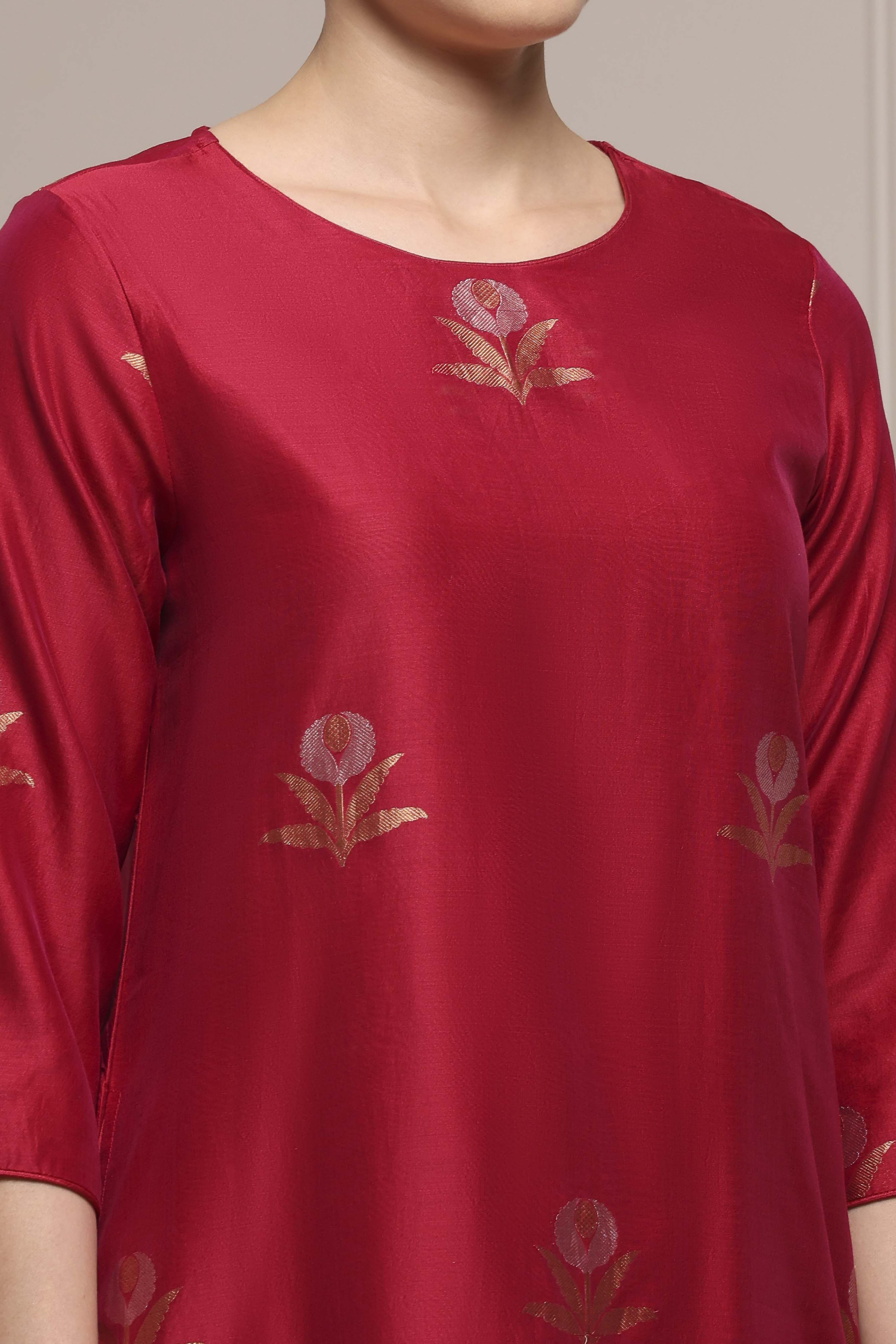 Red Chanderi Printed Straight Suit Set image number 1