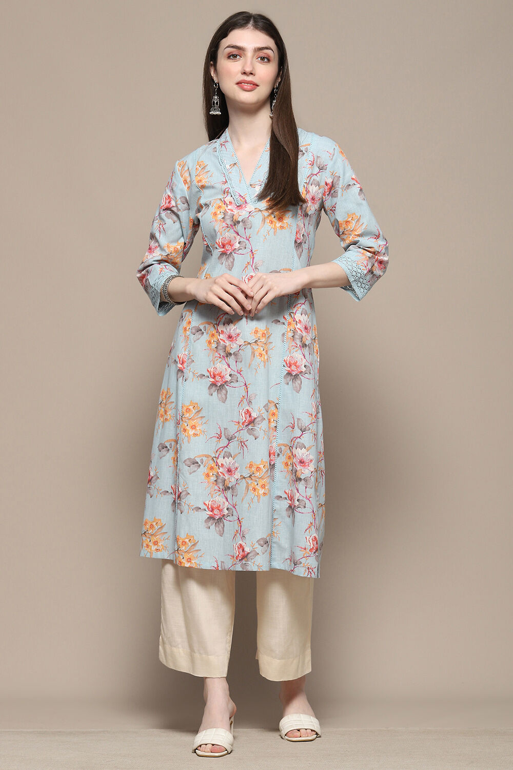Turquoise Blue Floral Printed Straight Kurta image number 0