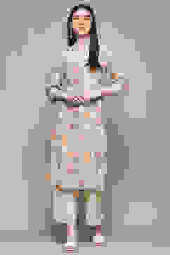 Turquoise Blue Floral Printed Straight Kurta image number 0