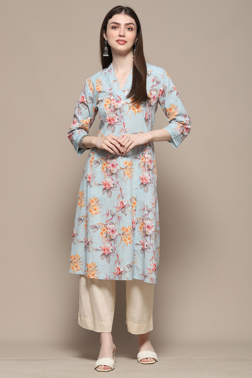 Turquoise Blue Floral Printed Straight Kurta image number 0