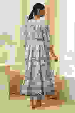 Beige and Blue Printed Front Open Kurta Set image number 4