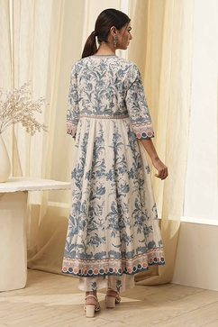 Beige and Blue Printed Front Open Kurta Set image number 4