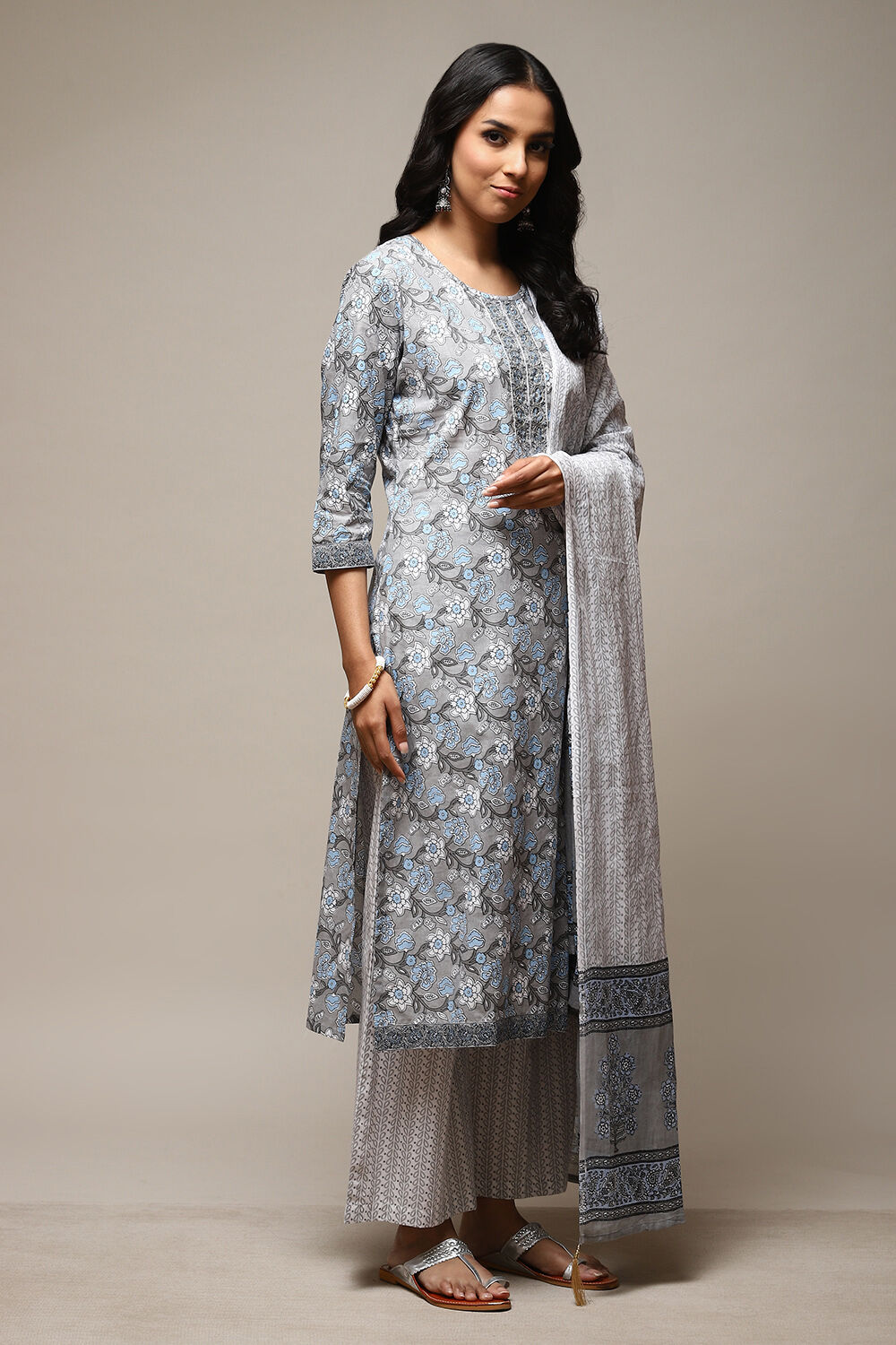 Grey Cotton Hand Block Print Unstitched Suit Set image number 7