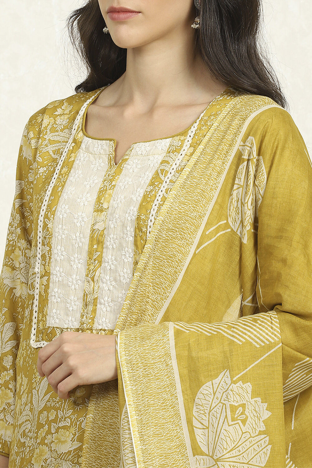 Yellow Cotton Floral Printed Unstitched Suit Set image number 2