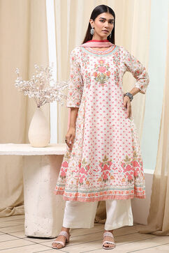 Off-White and Pink Cotton Floral Kalidar Suit Set image number 0
