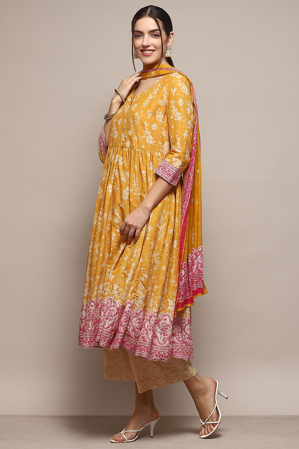 Blue Cotton Anarkali Kurta Palazzo Suit Set image number 4