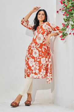 Burnt Orange LIVA Straight Printed Kurta image number 0
