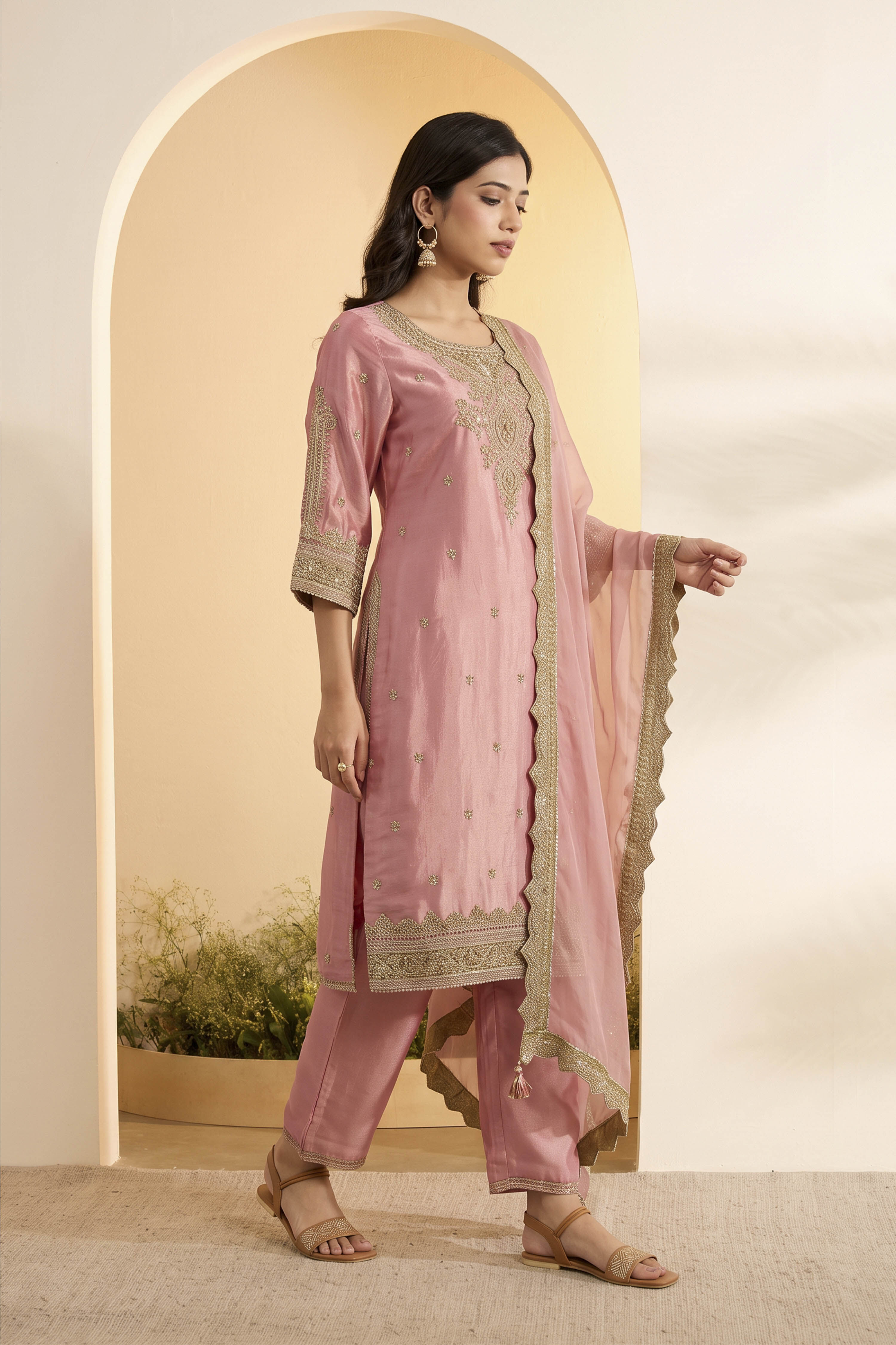 Rose Pink Viscose Rayon Embellished Suit Set image number 2
