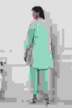 Turquoise Cotton Kalidar Kurta Pants Set image number 4