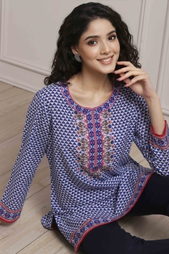 Blue Art Silk Printed Straight Short Kurta