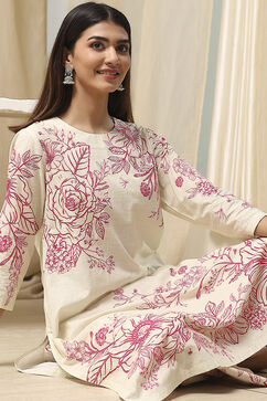 Off-White and Pink Cotton Straight Suit Set image number 1
