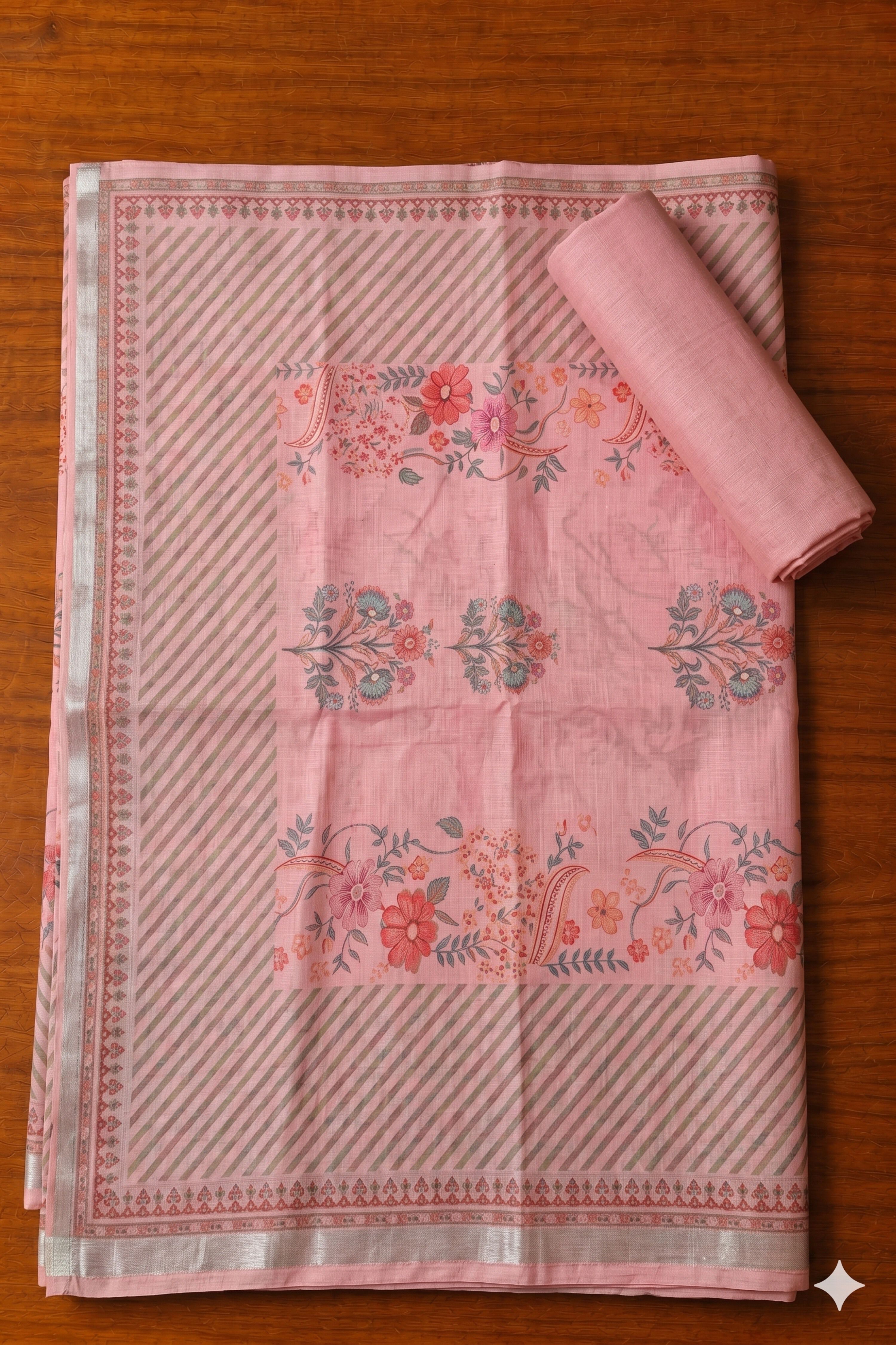 Peach Linen Floral Print With Handwork Unstitched Suit Set image number 3