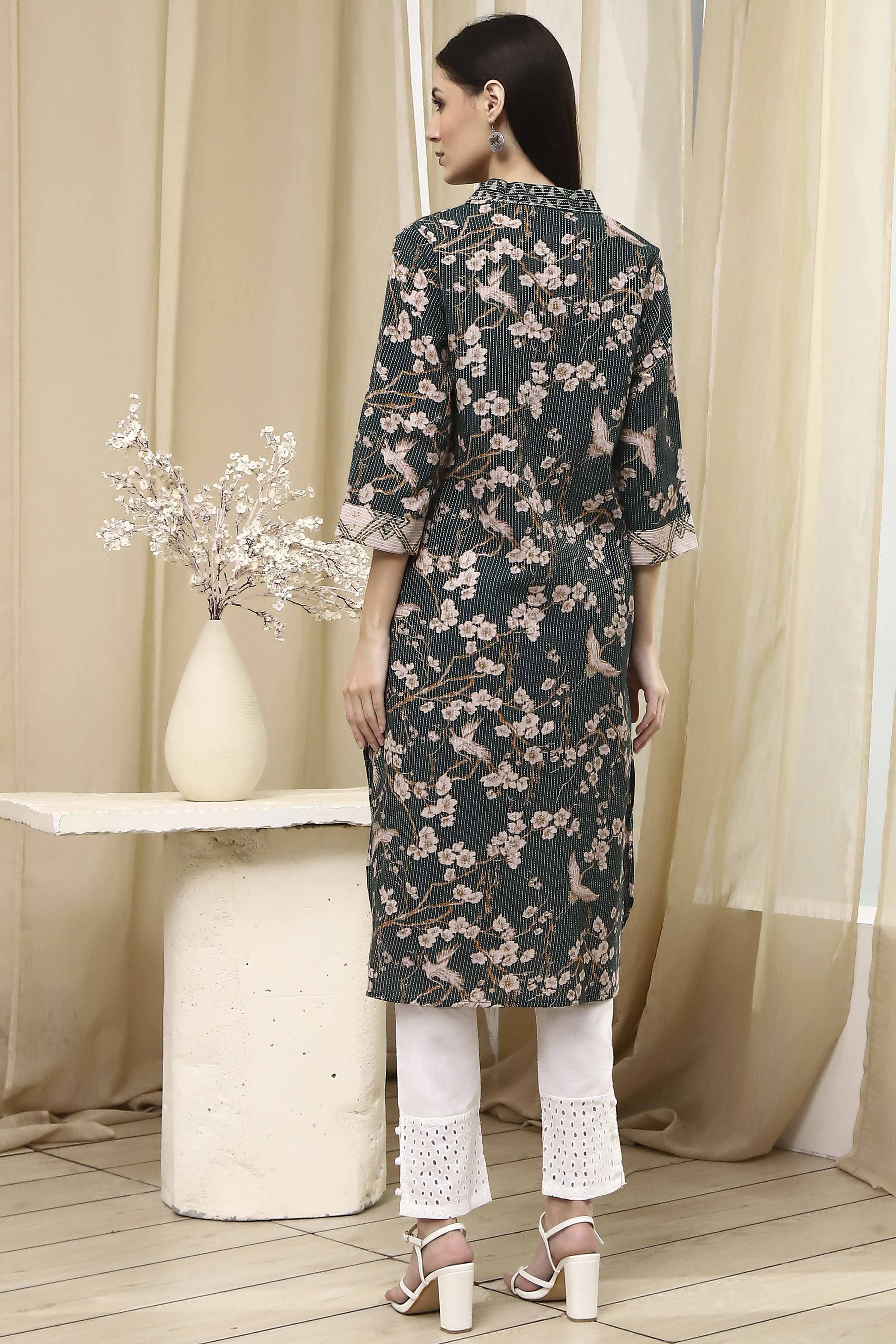 Dark Green Cotton Printed Straight Kurta image number 3