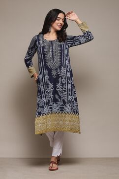 Navy Poly Cotton Straight Yarndyed Kurta image number 5