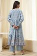 Dull Blue Cotton Flared Printed Kurta Set image number 4