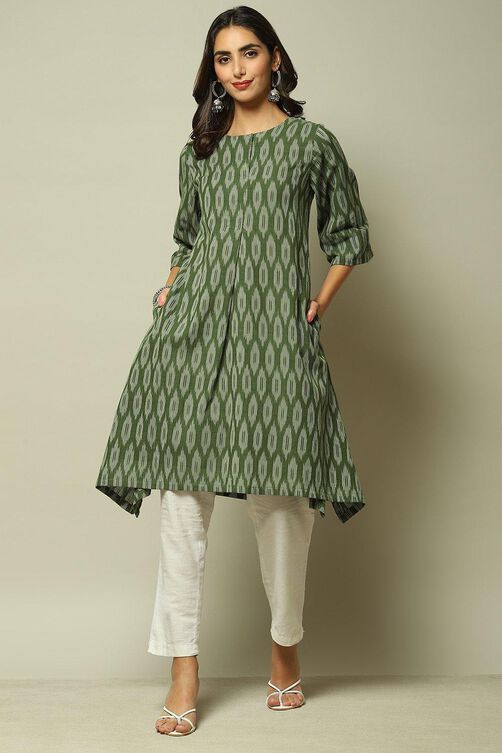 Dark Green Cotton IKAT Straight Yarndyed Kurta image number 0