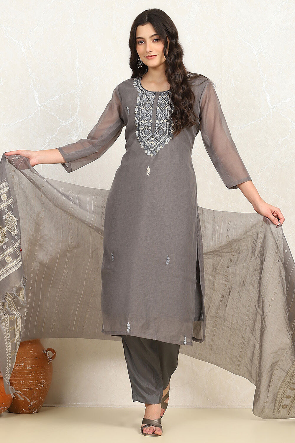 Grey Modal Hand Embroidered Unstitched Suit Set image number 1