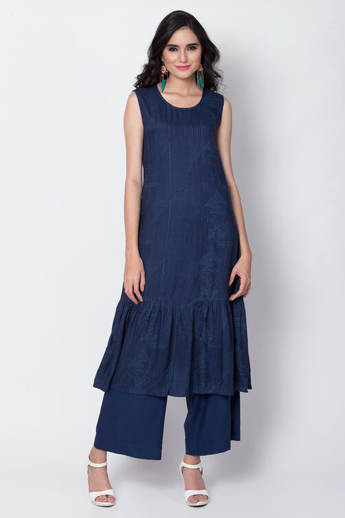 Indigo Viscose Front Open Printed Kurta image number 4