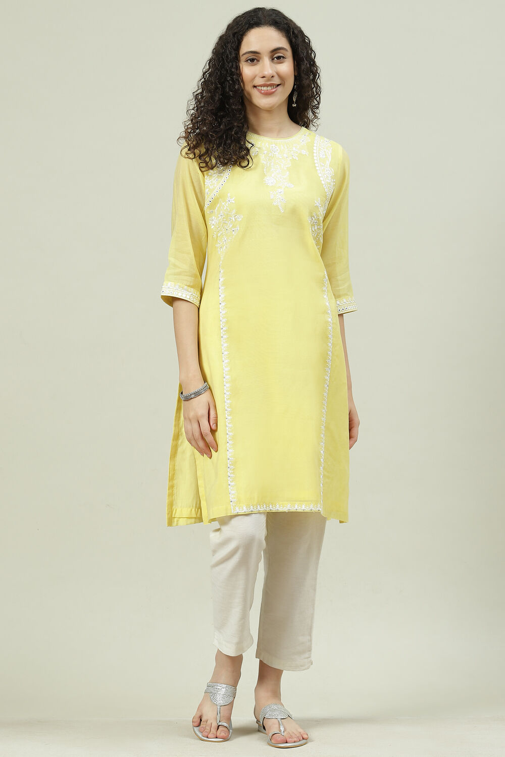 Beige Art Silk Straight Embroidered Kurta image number 0