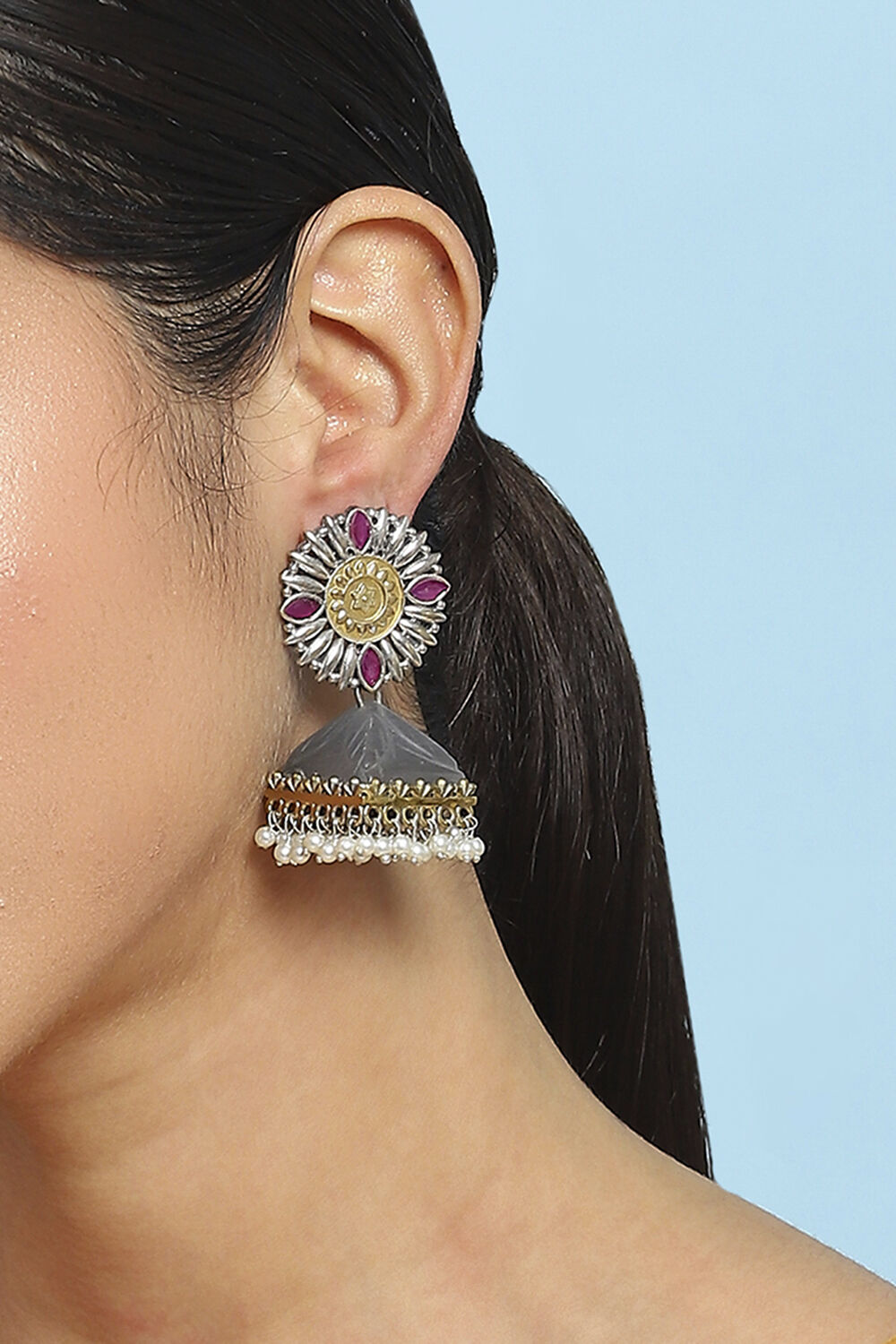Pink Grey Brass Jhumka image number 1