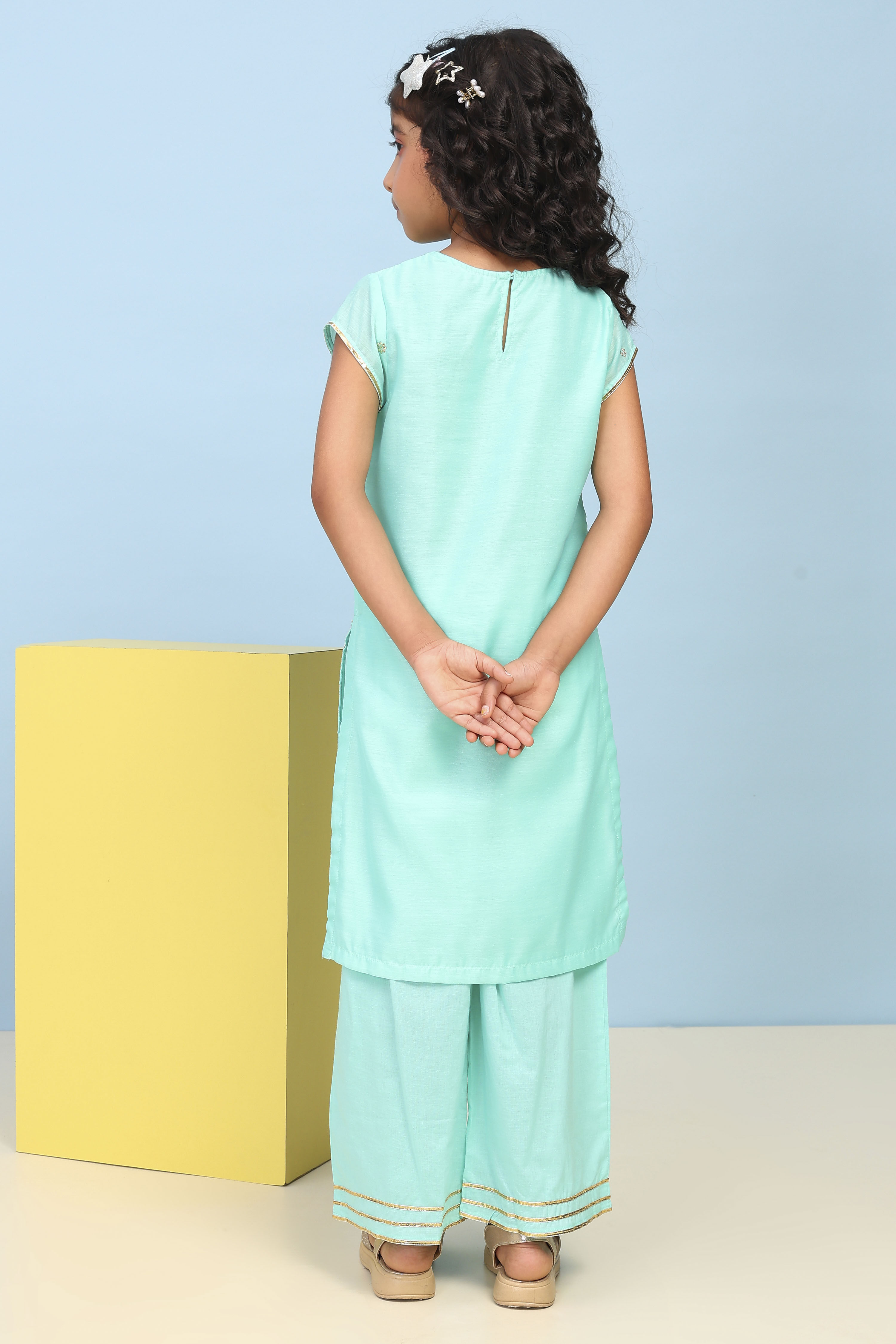 Aqua Polyester Straight Printed Suit Set image number 4
