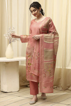 Maroon Linen Printed Embroidered Unstitched Suit Set image number 4