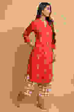 Terracotta Rayon Straight Kurta Pants Set image number 4