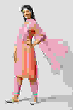 Blush Peach Yarndyed A-Line Kurta Regular Pants Suit Set image number 5