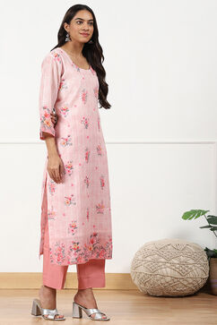 Pink Linen Floral Printed Unstitched Suit Set image number 3