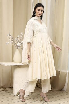 Off White Cotton Anarkali Suit Set image number 5