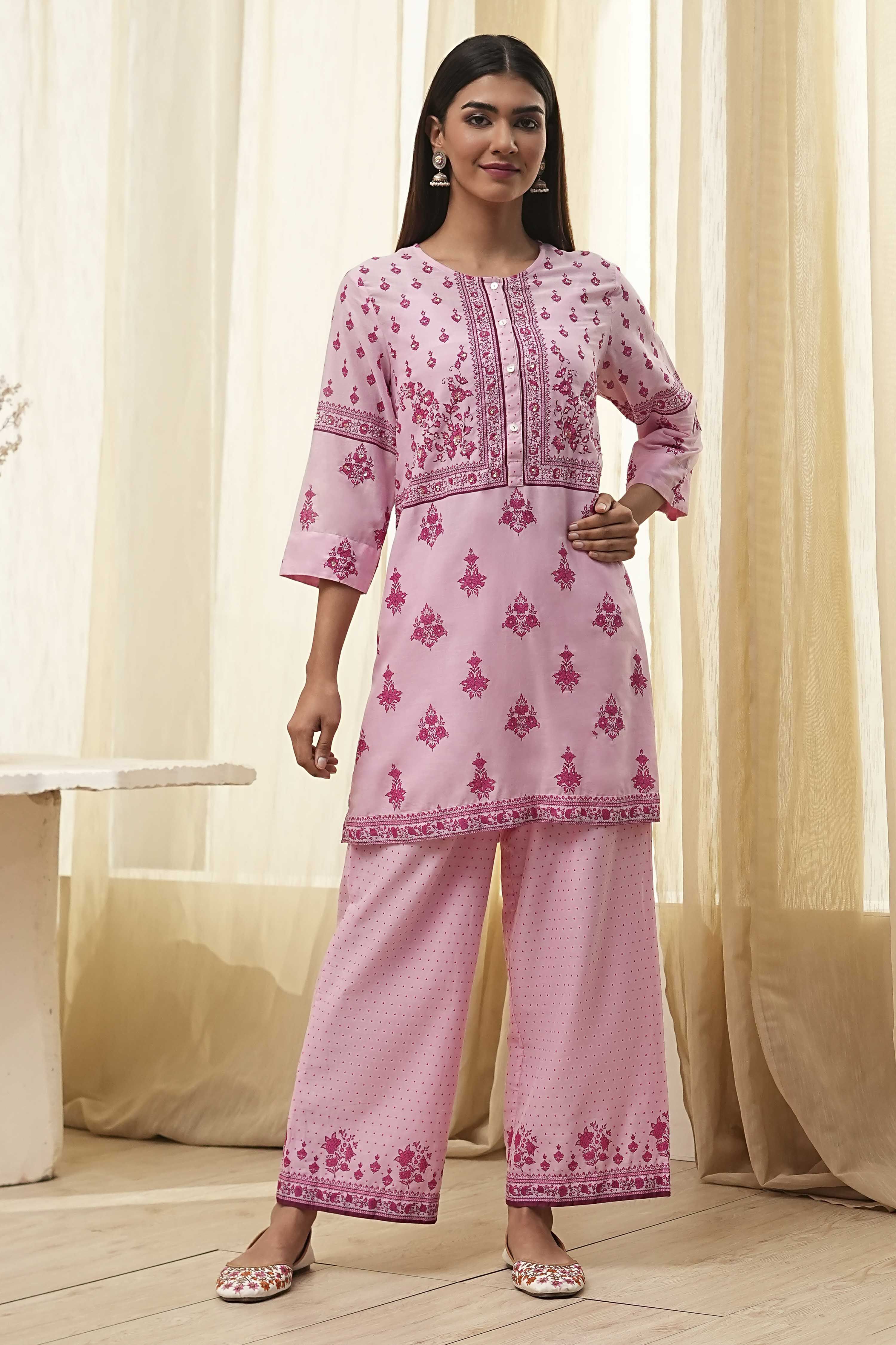 Light Pink Cotton Floral Straight Kurta Set image number 7