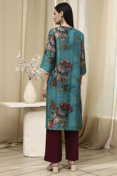 Blue Floral Printed Straight Kurta image number 3