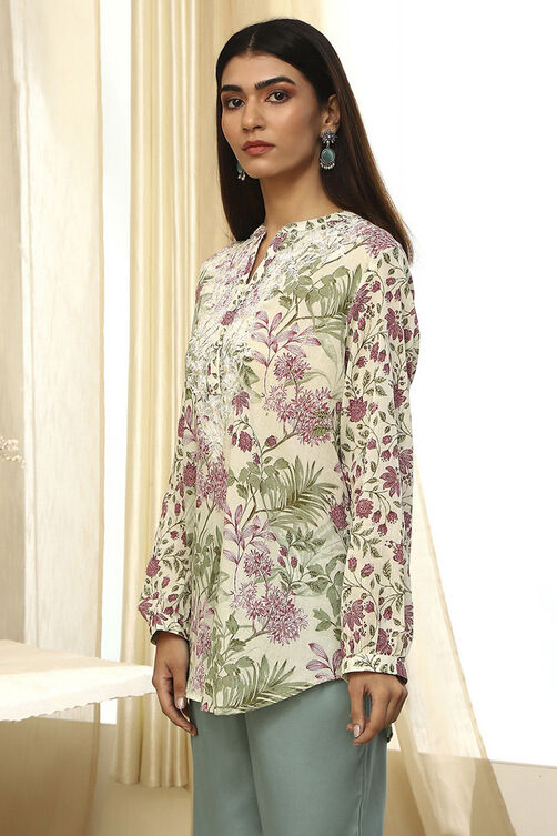 Pastel Green Floral Printed Short Kurta image number 2