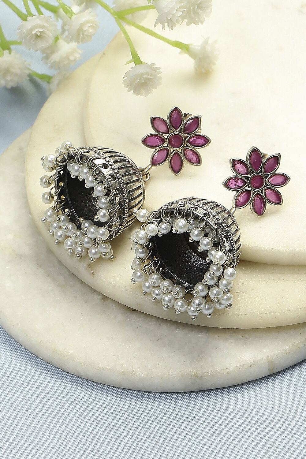 Pink Oxidised Floral Jhumkas image number 0