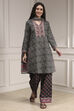 Black Cotton Printed Straight Suit Set image number 6